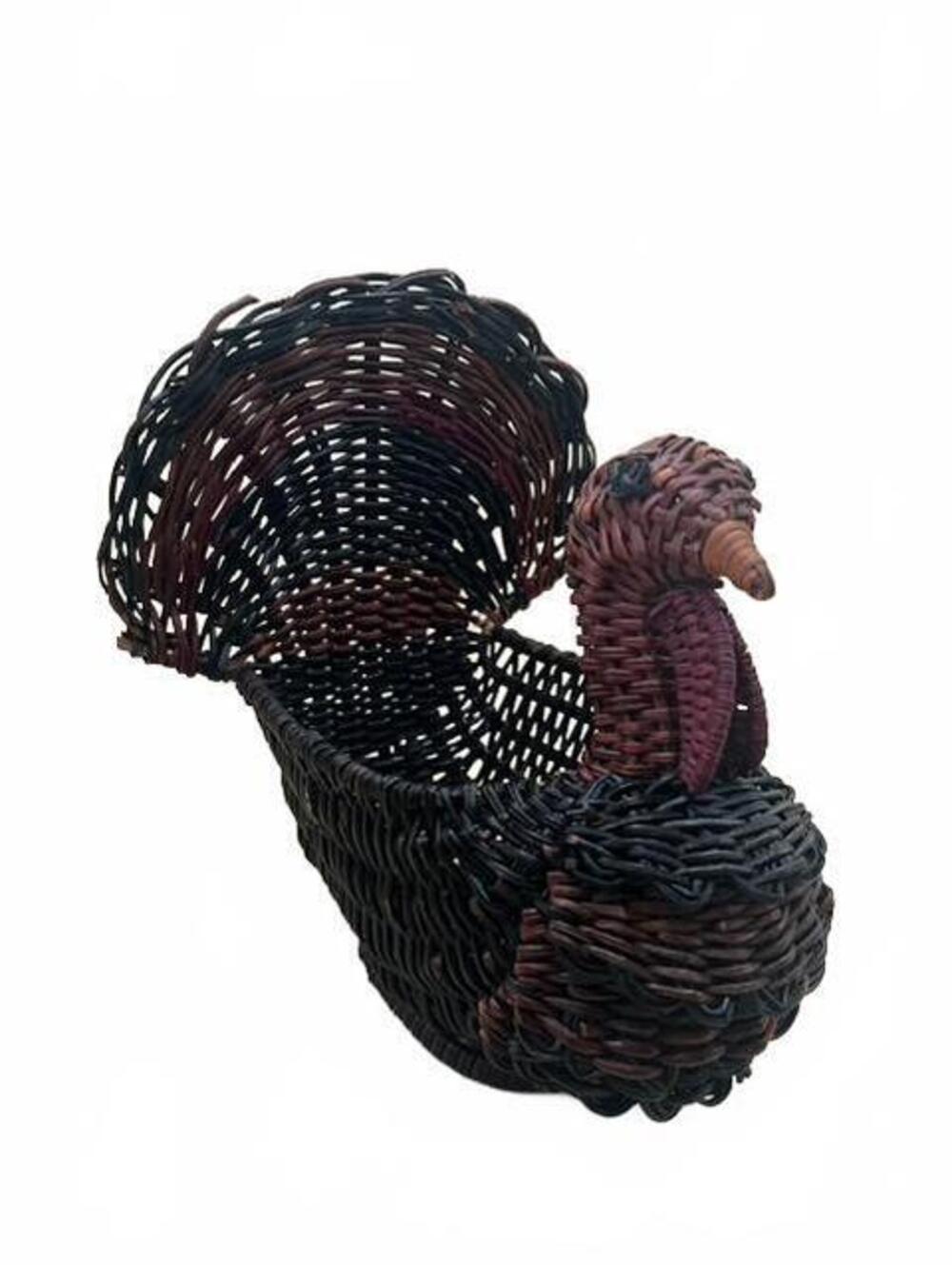 Vintage Wicker Turkey Basket Handwoven Thanksgiving Centerpiece Fall Decor